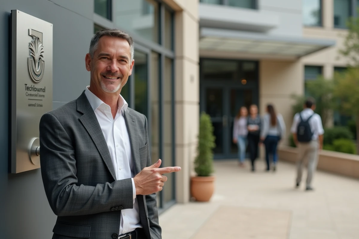 Directeur d'école devant la façade avec un nouveau logo institutionnel moderne
