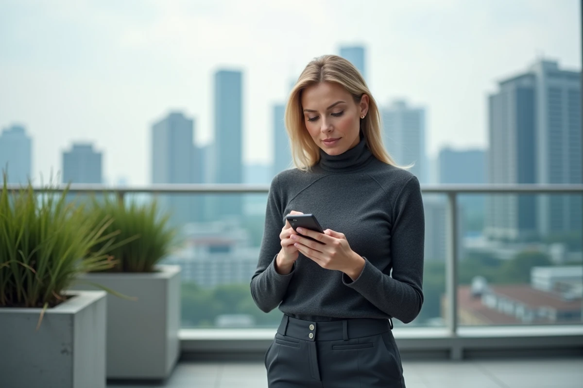 Dirigeante consultant son téléphone sur un rooftop urbain, incarnant la visibilité et l'influence digitale dans le cadre du social selling