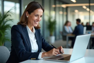 Dirigeante en blazer marine utilisant LinkedIn pour développer son influence en social selling dans un bureau moderne