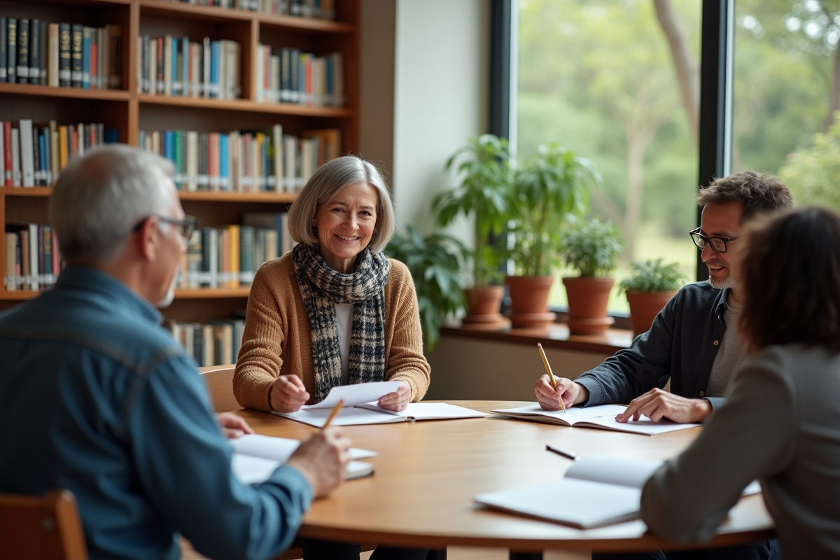 Femme souriante passant une note à un homme dans une bibliothèque lumineuse