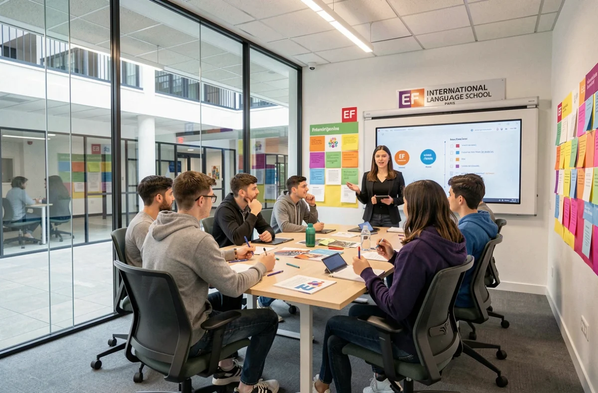 Salle de cours moderne de l'EF International Language School Paris avec des étudiants actifs
