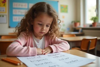 Jeune élève de CE1 lisant un texte fluence adapté sur une feuille grand format à son bureau en bois