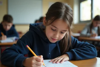 Lycéenne corrigeant son tableau de caractérisation STMG en classe, erreurs barrées au crayon sur une feuille imprimée