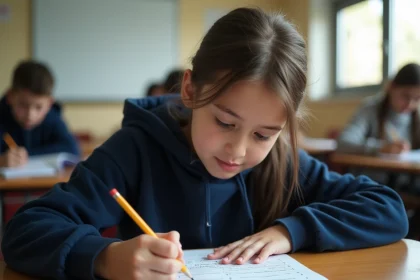 Lycéenne corrigeant son tableau de caractérisation STMG en classe, erreurs barrées au crayon sur une feuille imprimée