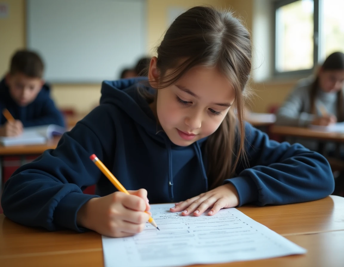 Lycéenne corrigeant son tableau de caractérisation STMG en classe, erreurs barrées au crayon sur une feuille imprimée