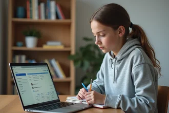 Adolescente utilisant l'ENT Cholet sur un ordinateur portable pour consulter son planning et ses devoirs depuis sa chambre