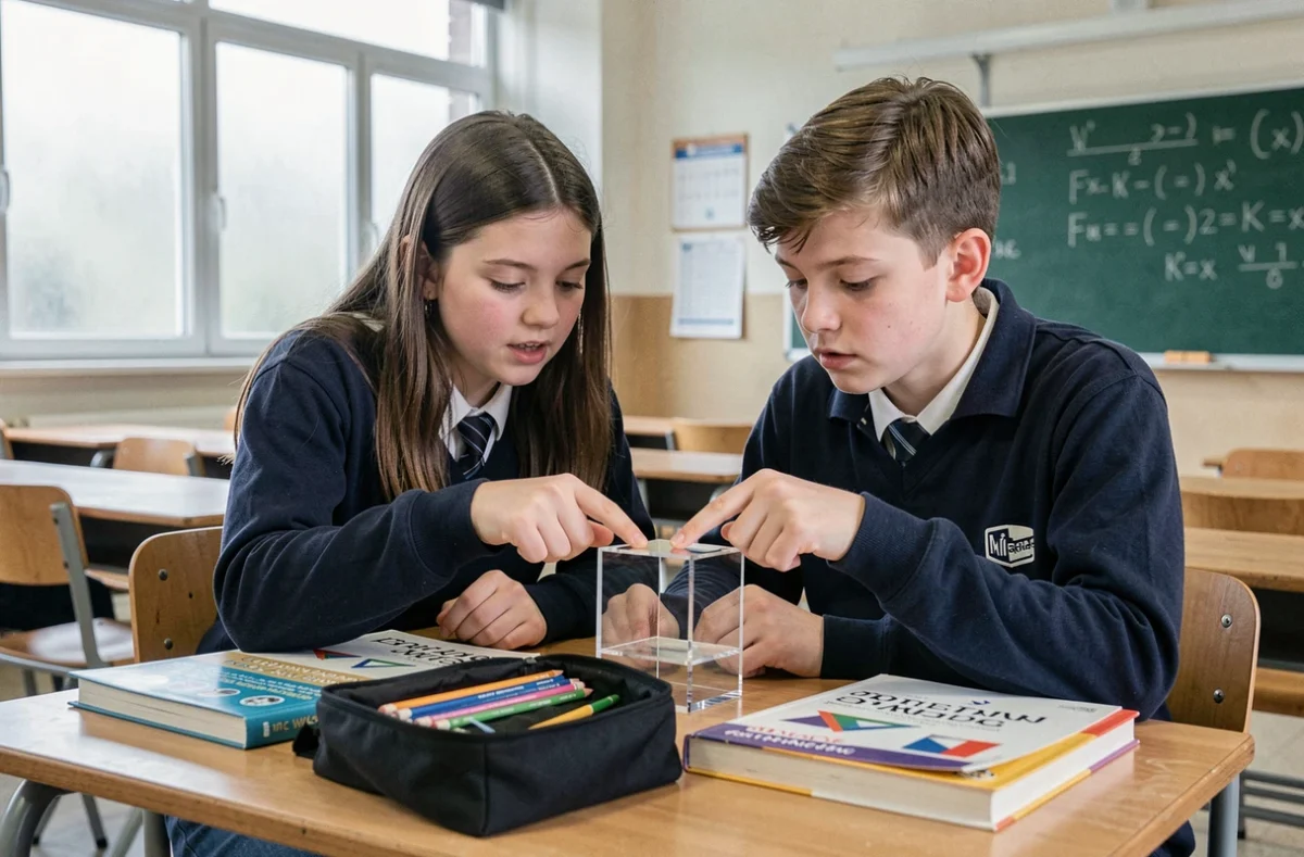 Deux élèves examinant un cube en acrylique transparent sur un bureau scolaire lors d'un cours de géométrie