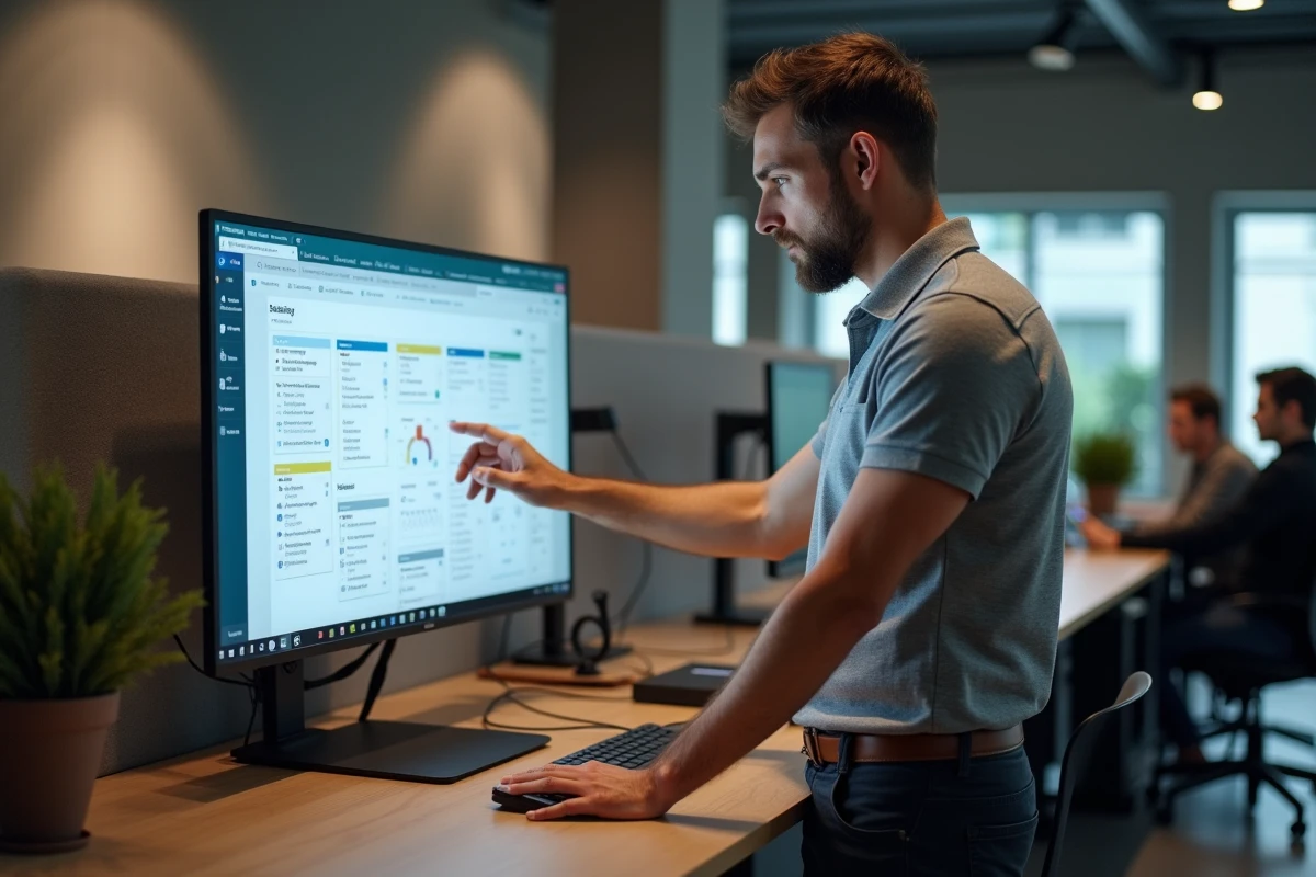 Employé debout utilisant un portail numérique métier sur écran tactile dans un espace de coworking