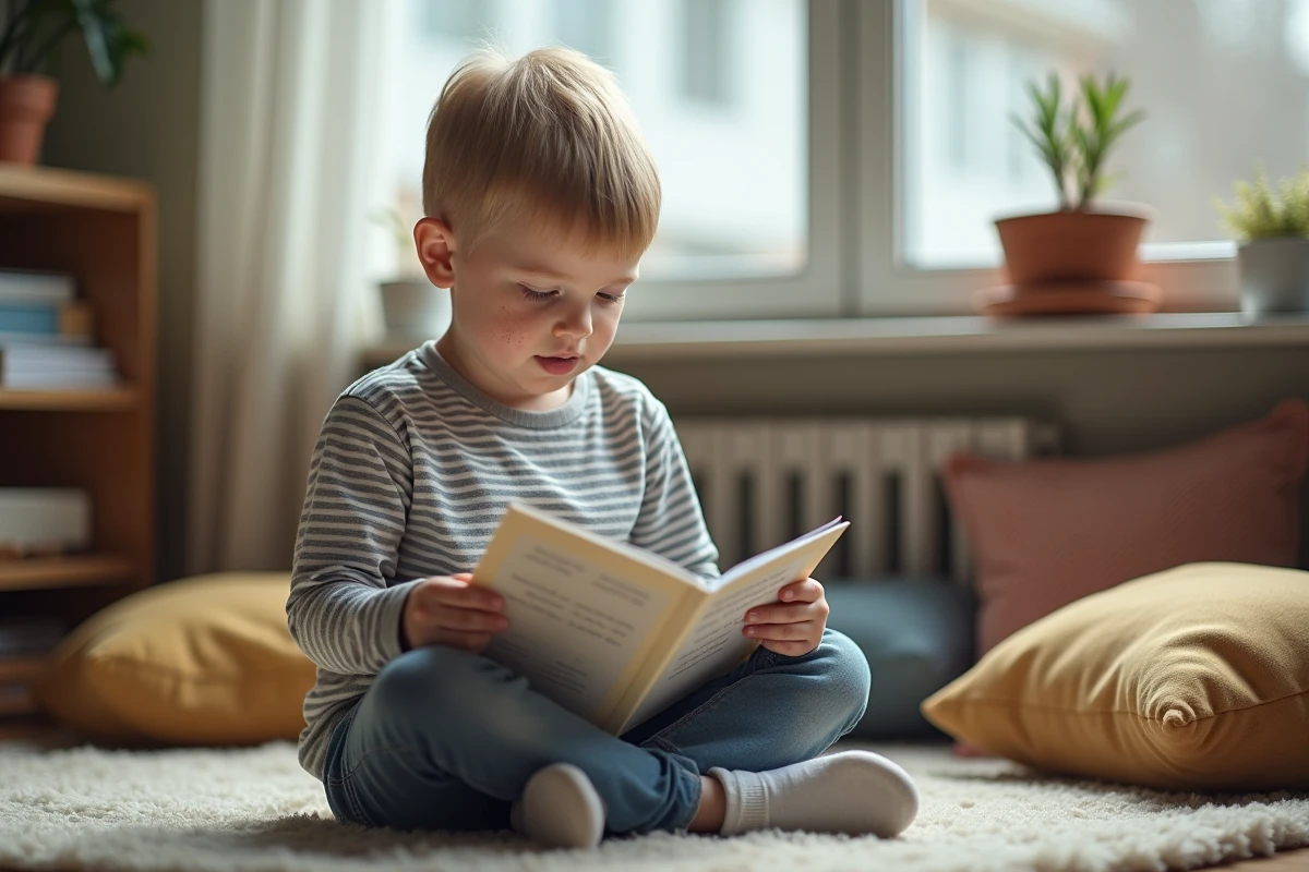 Enfant de CE1 lisant un support de fluence adapté installé confortablement dans un coin lecture de classe
