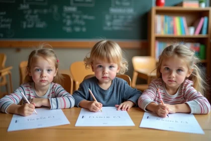 Trois enfants de CE2 travaillant ensemble sur une fiche de lecture lors d'un rallye lecture en classe