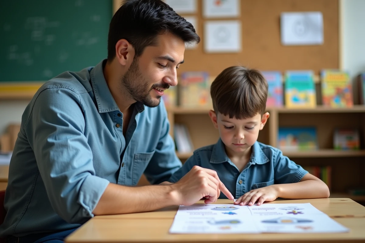 Enseignant accompagnant un élève en difficulté de lecture avec un support fluence adapté en classe de CE1