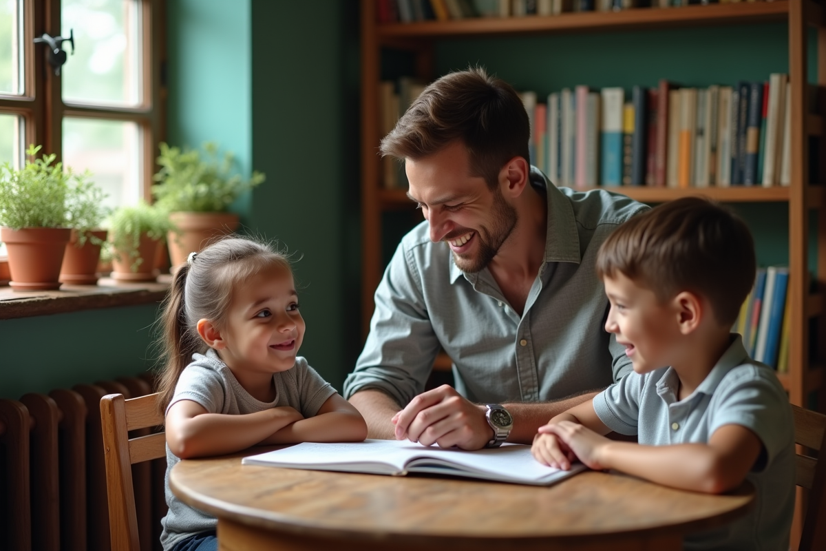 Jeune enseignant lisant avec deux élèves attentifs