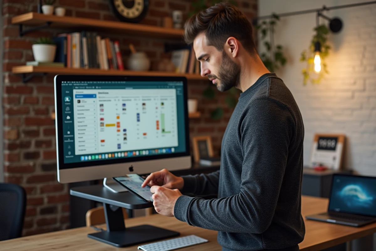 Enseignant travaillant debout sur une tablette avec un outil de planification numérique à domicile