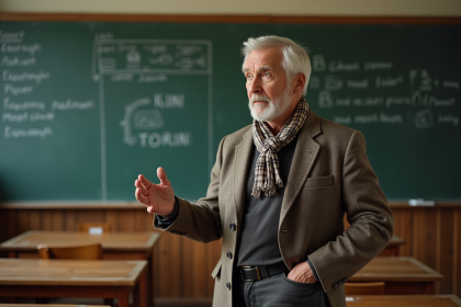 Professeur âgé en tweed dans une salle de classe vintage