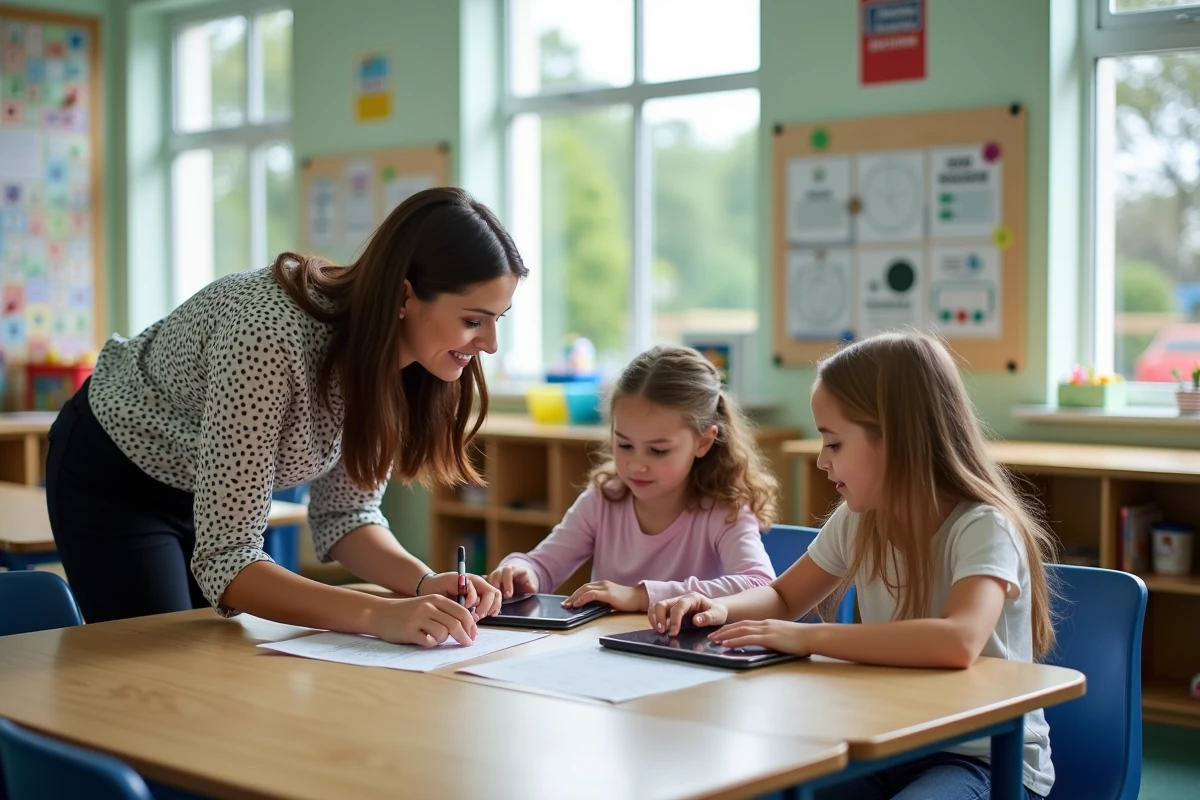 Professeur guidant deux &eacute;l&egrave;ves avec tablettes en classe