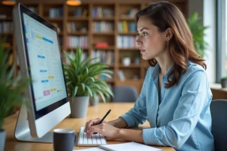 Enseignante utilisant un bureau numérique sur ordinateur dans une salle des professeurs moderne