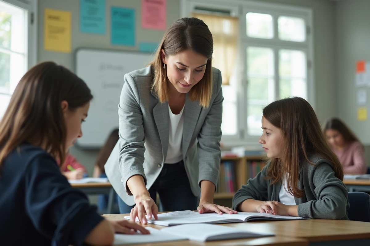Enseignante accompagnant des élèves dans une petite classe SEGPA adaptée
