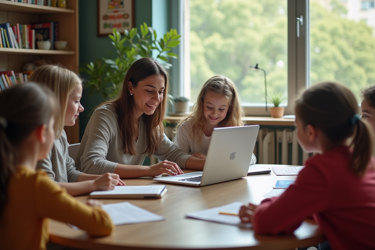 Enseignante expliquant la collaboration en classe avec des enfants