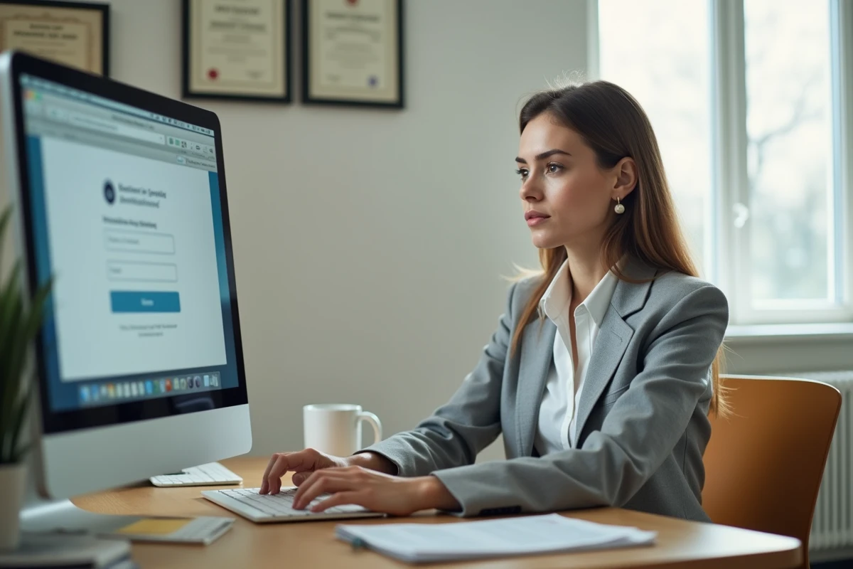 Enseignante connectée à Arena Versailles sur son ordinateur portable dans un bureau scolaire administratif