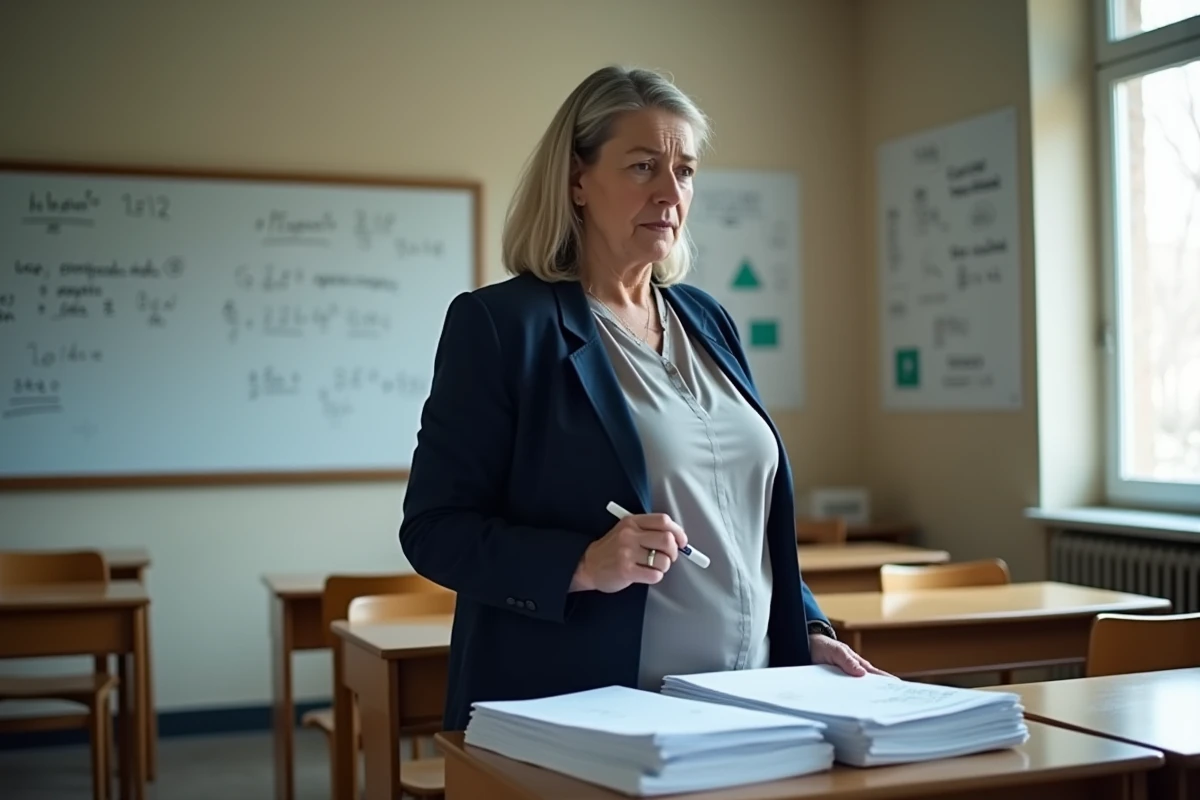 Enseignante française debout dans une salle de classe vide, tenant des documents et réfléchissant à l'avenir de sa rémunération dans le cadre du Pacte enseignant