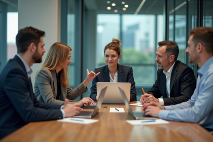 Equipe diversifiee en reunion de travail en conference