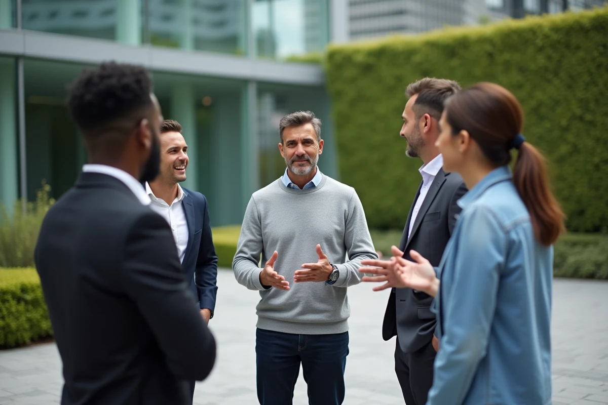 Groupe de professionnels en discussion informelle dans une cour d'entreprise moderne illustrant le leadership participatif