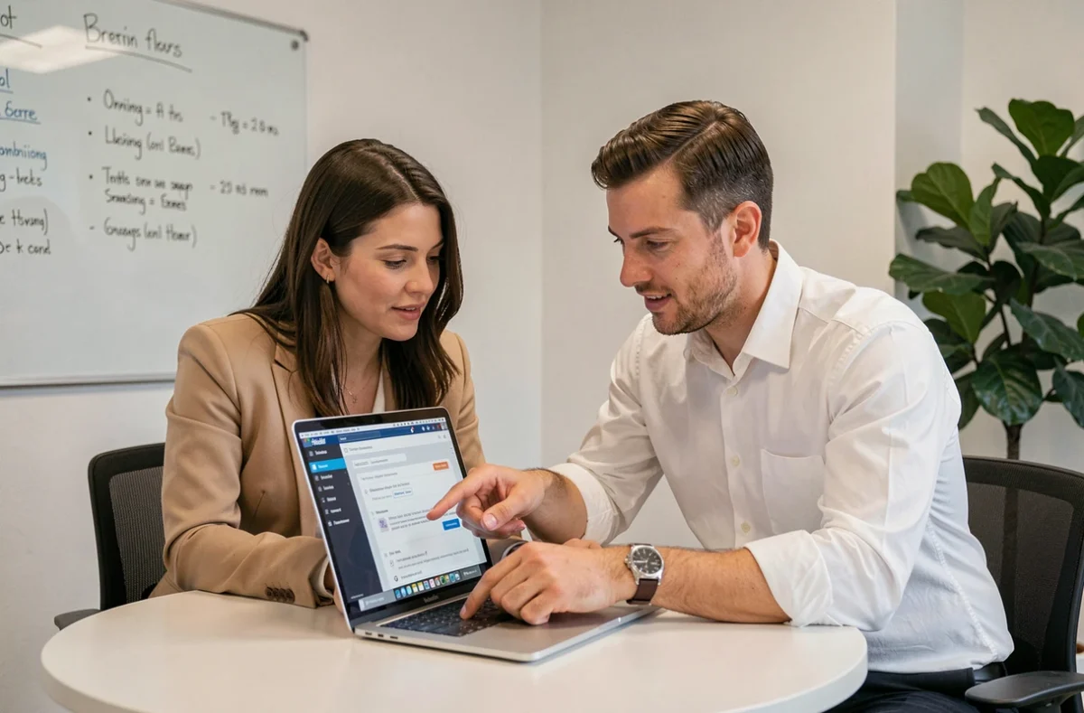 Deux collègues analysant ensemble une solution de messagerie professionnelle en salle de réunion
