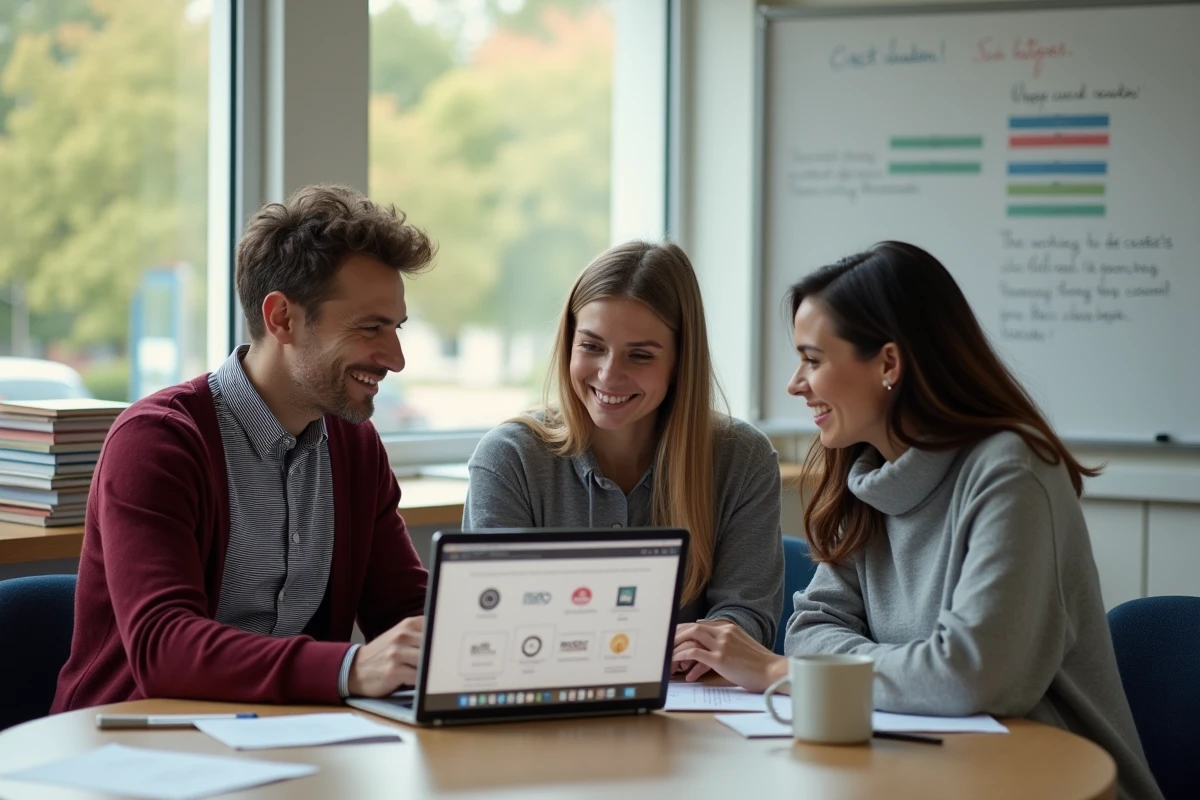 Équipe pédagogique discutant des options de logo pour une école lors d'une réunion
