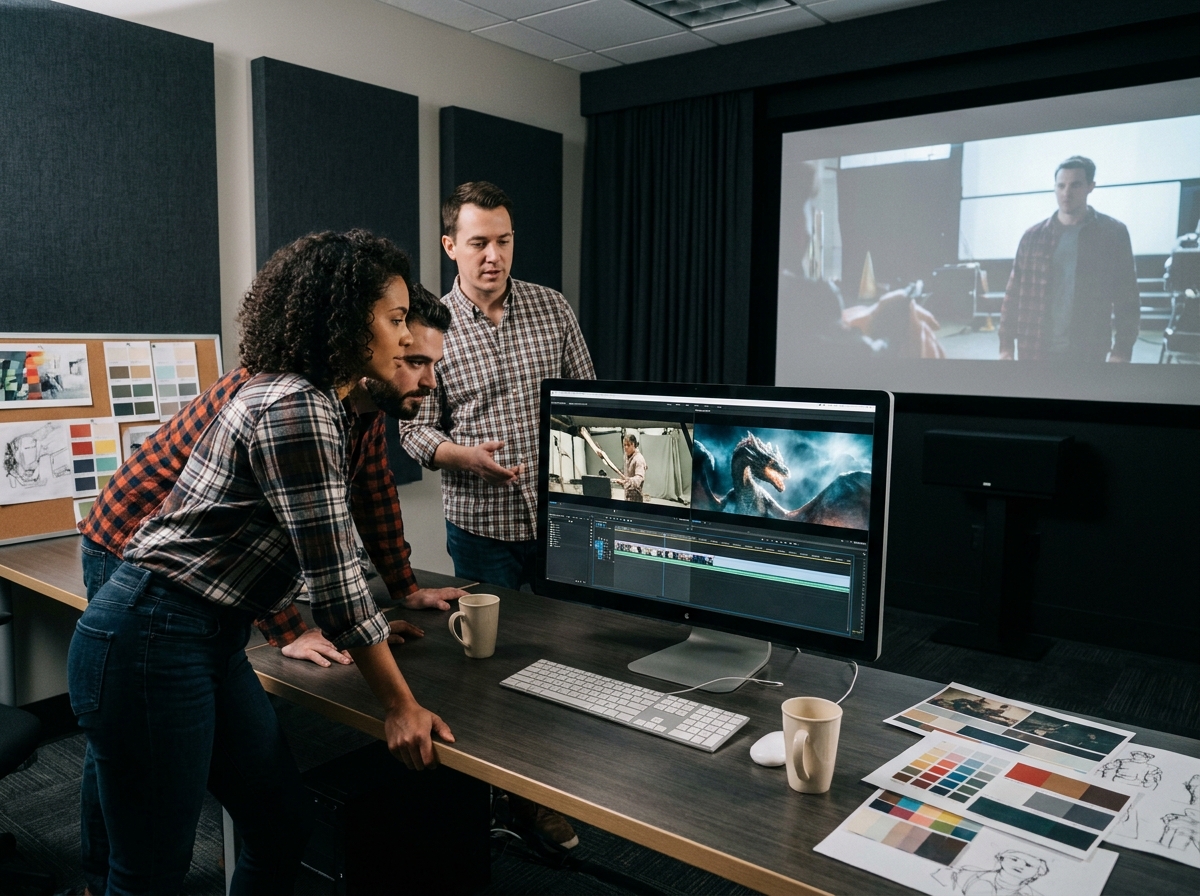 Équipe de professionnels VFX en réunion de revue comparative entre rushes de tournage et effets visuels finalisés pour une série télévisée