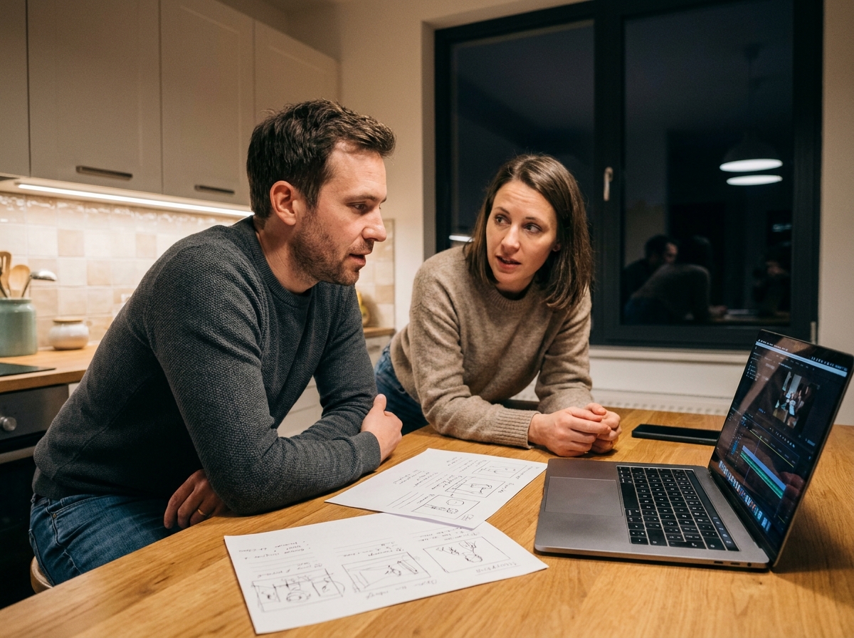Deux professionnels étudiant la cinématographie ensemble le soir à la table de cuisine avec storyboards et ordinateur portable
