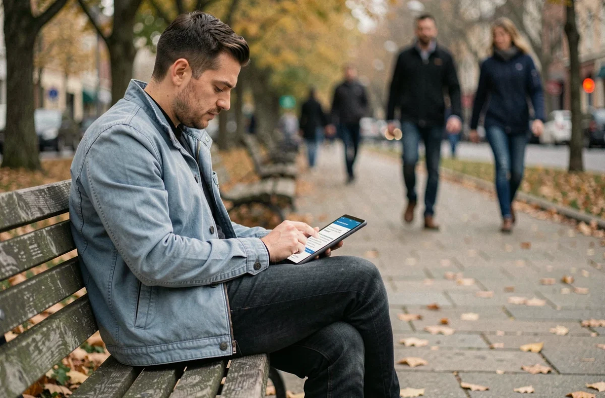 Homme consultant des questions de code de la route en PDF sur une tablette dans un parc en ville
