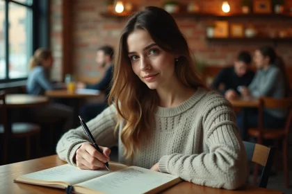 Jeune femme étudiant la conjugaison des verbes espagnols dans un cahier manuscrit dans un café chaleureux