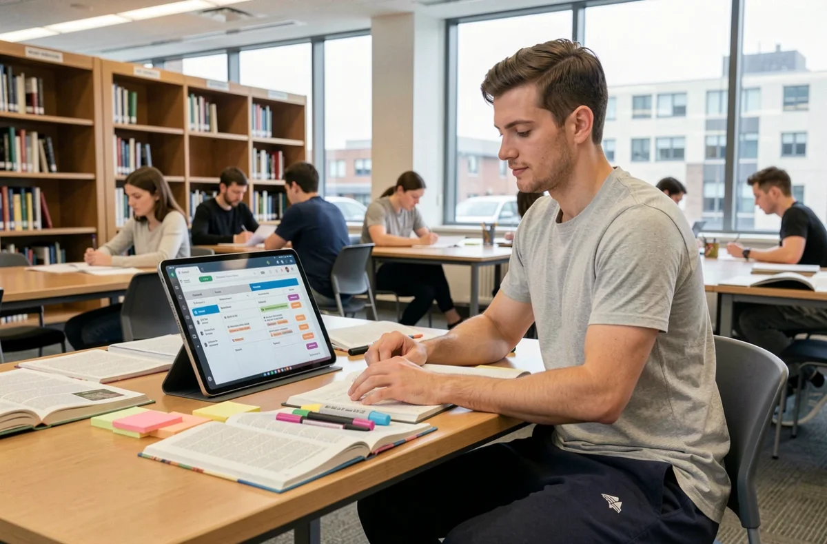 Étudiant masculin organisant son planning de révision pour le concours de police dans une bibliothèque universitaire