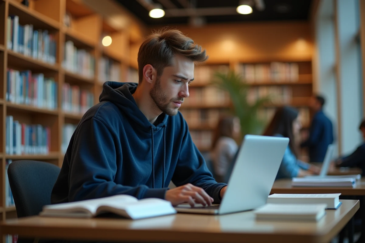 Étudiant universitaire masculin travaillant tard dans une bibliothèque universitaire moderne avec laptop et manuels ouverts