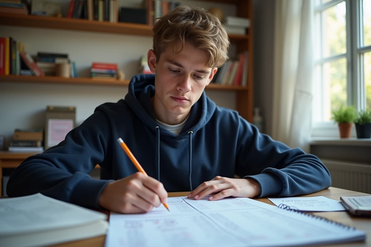 Étudiant de terminale calculant son coefficient de philosophie au bac avec une fiche de notes et un manuel posés sur son bureau