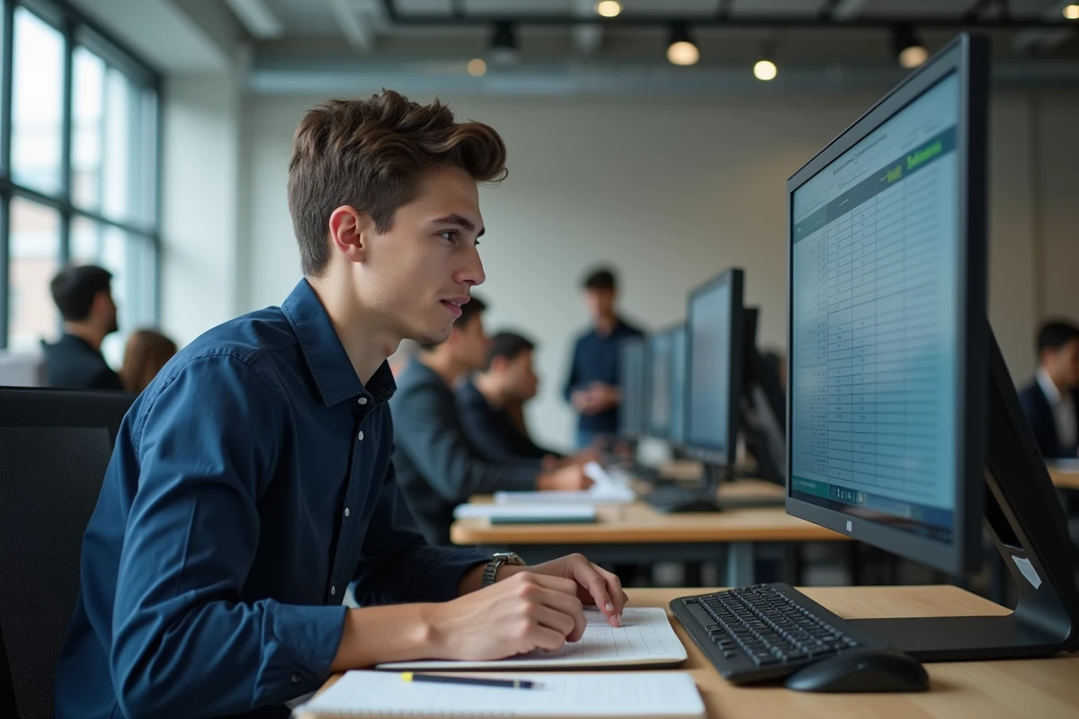 Étudiant consultant un tableau de coefficients BCE sur grand écran dans un espace de coworking universitaire