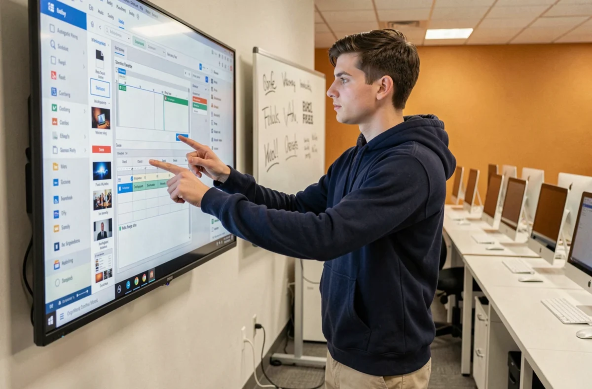 Étudiant en design graphique naviguant sur un logiciel cloud dans une salle de cours d'une école de design
