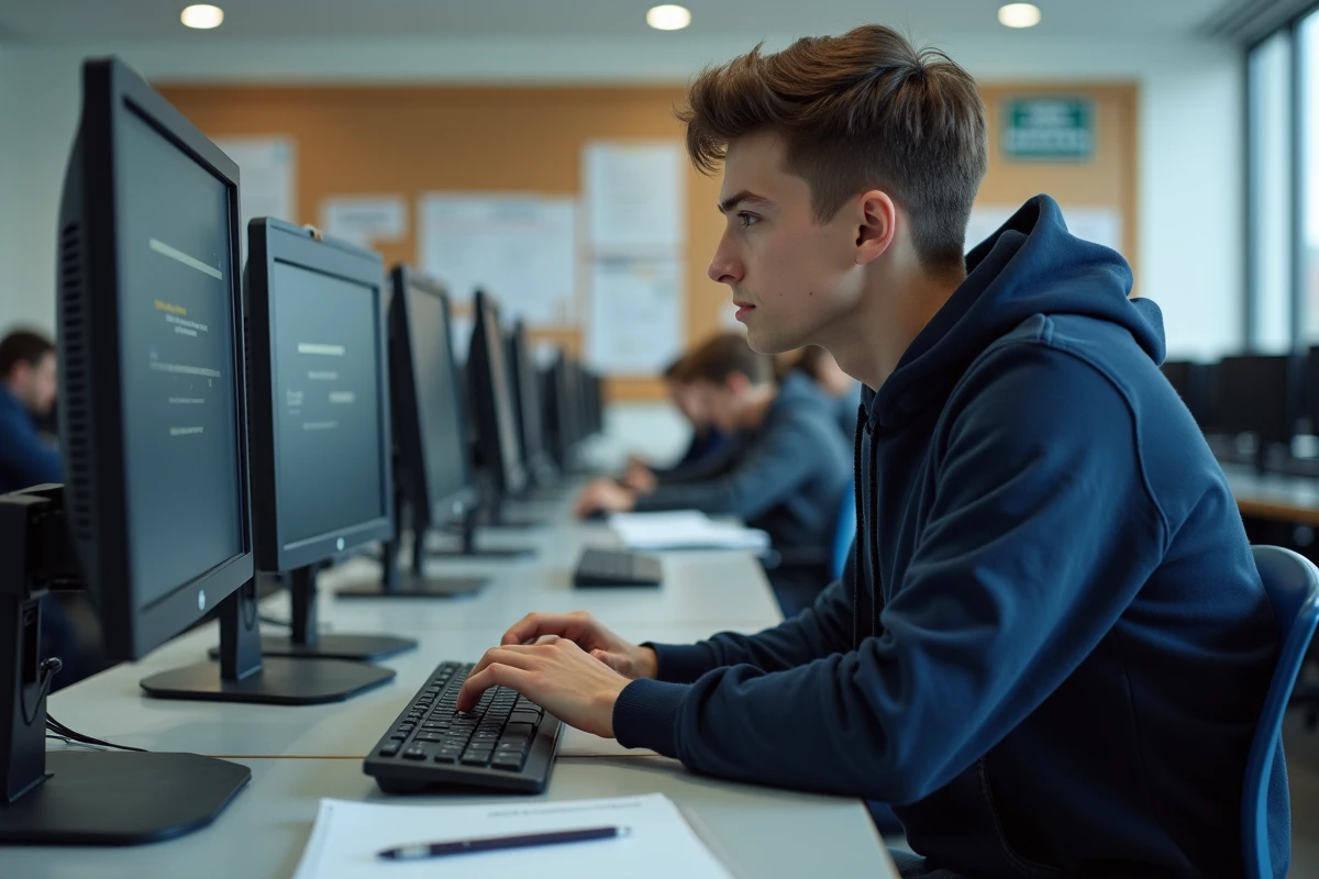 Etudiant en hoodie dans un laboratoire informatique