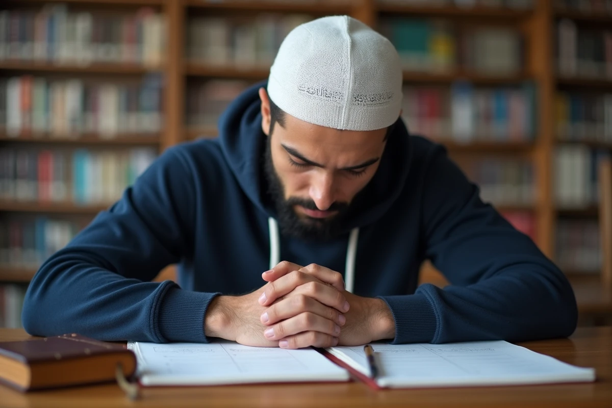 Étudiant musulman en train de faire une invocation entre deux sessions de révision dans une bibliothèque universitaire
