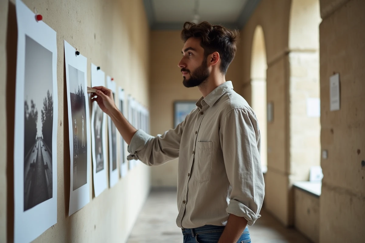 Étudiant en photographie accrochant des tirages sur un mur d'exposition dans le couloir patrimonial du campus des Gobelins à Paris
