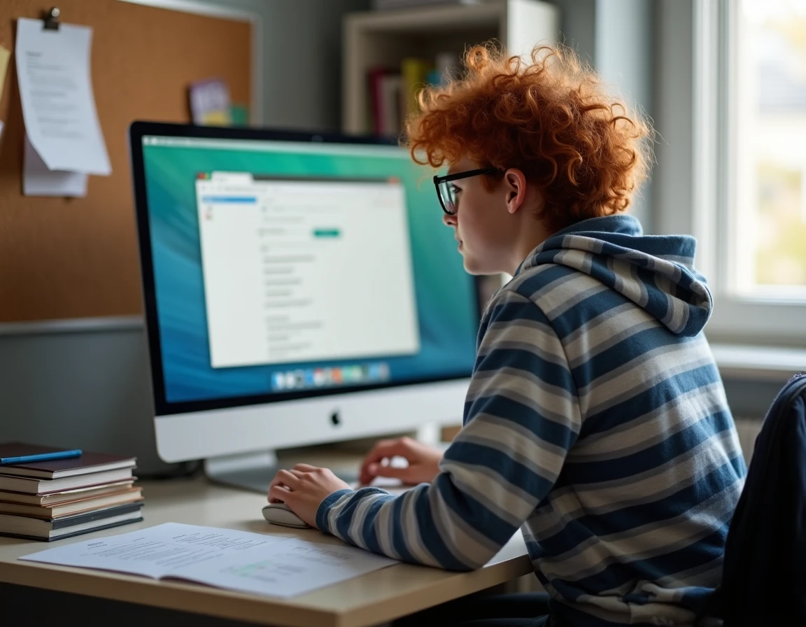 Étudiant vérifiant les réglages de son navigateur sur ordinateur de bureau pour accéder à edu Normandie depuis sa chambre