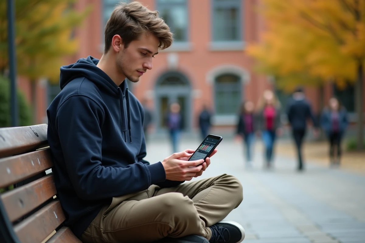 Étudiant en stage consultant son planning universitaire HyperPlanning sur smartphone en extérieur sur un campus