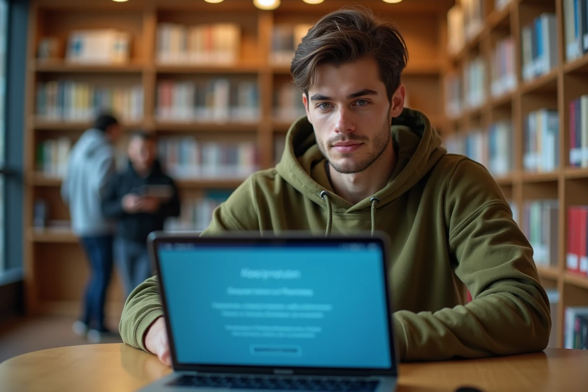 Étudiant consultant un tutoriel de connexion Arena Versailles sur son ordinateur portable en bibliothèque universitaire
