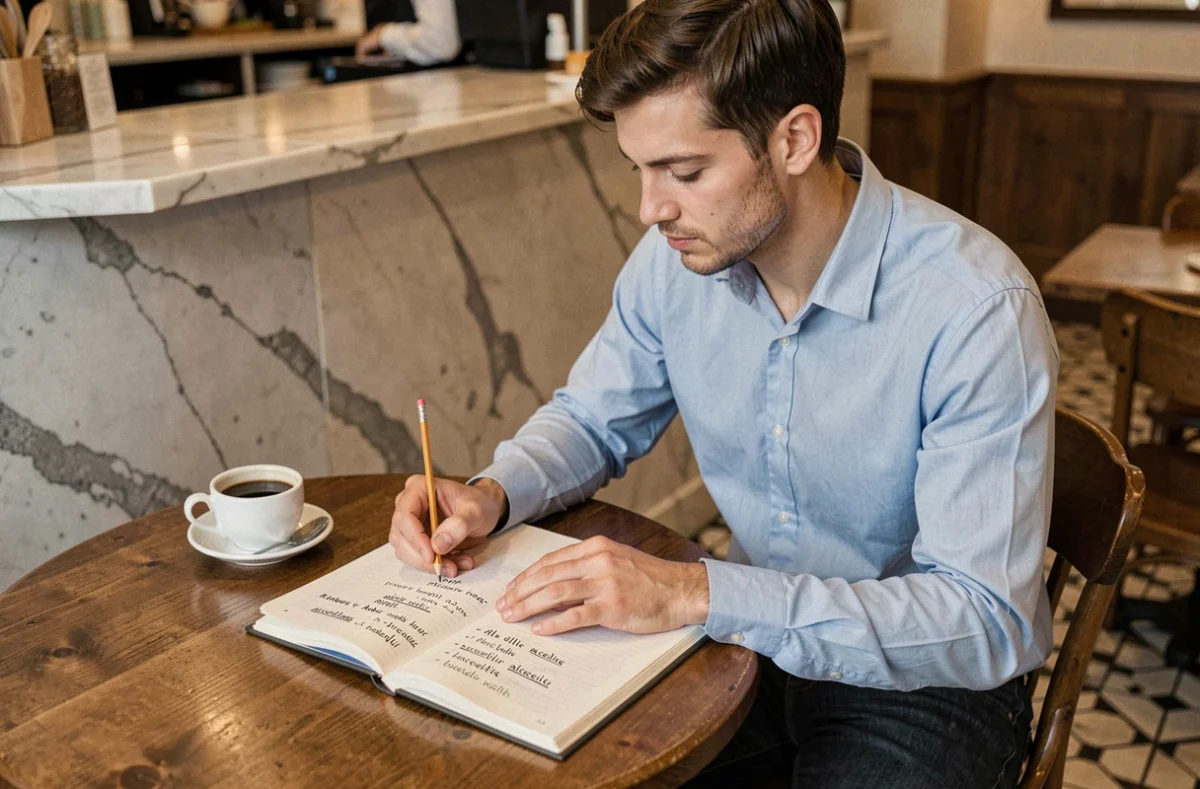 Jeune homme étudiant la conjugaison du verbe accueillir au présent dans un carnet de grammaire française dans un café