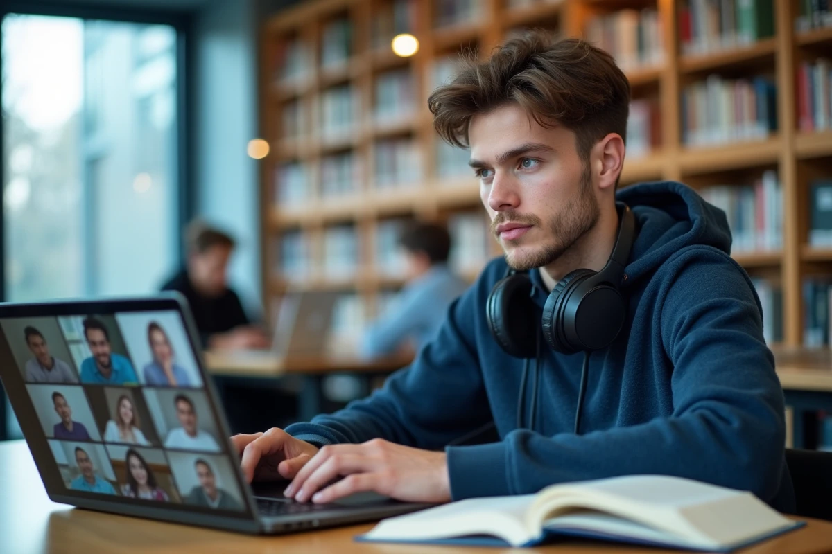 Étudiant universitaire en visioconférence sur la plateforme e-Greta dans une bibliothèque campus