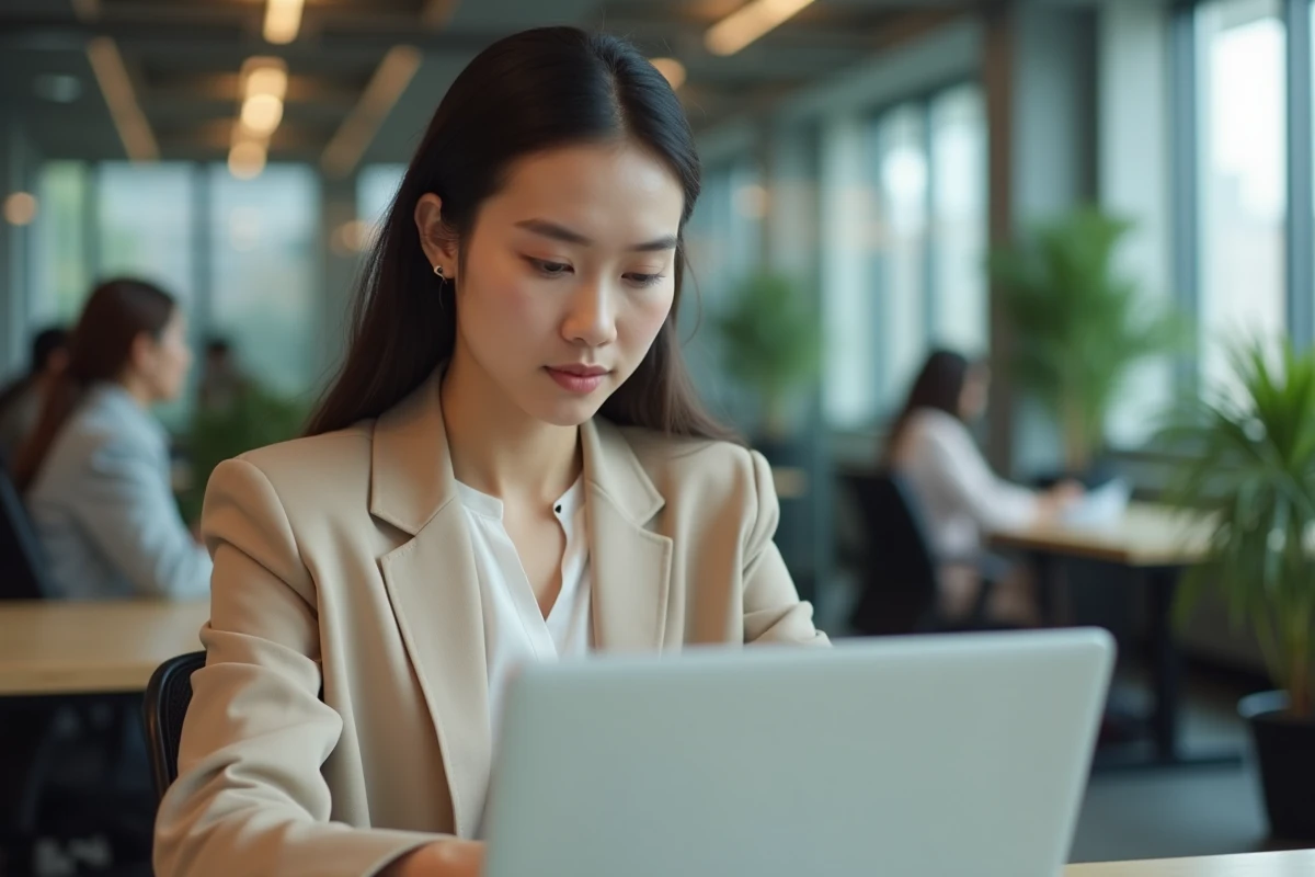 Étudiante en alternance consultant le planning HyperPlanning sur son ordinateur portable dans un open-space professionnel
