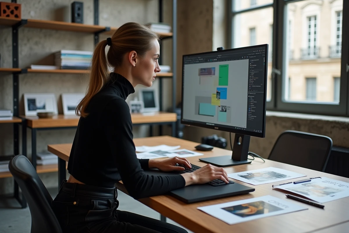 Étudiante en design graphique travaillant sur tablette et écran dans un studio moderne du campus des Gobelins à Paris