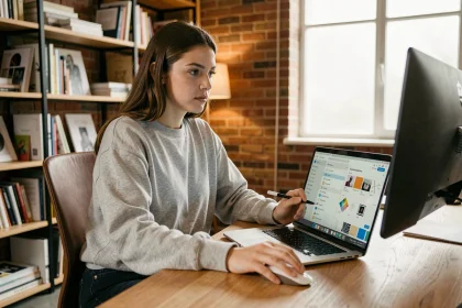 Étudiante en graphic design utilisant une plateforme cloud sur son ordinateur portable dans un studio créatif moderne
