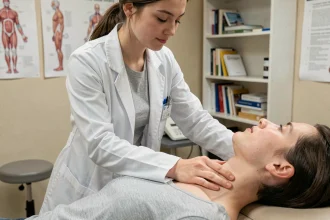 Étudiante en ostéopathie pratiquant une technique de palpation cervicale sur un camarade en salle de clinique pédagogique