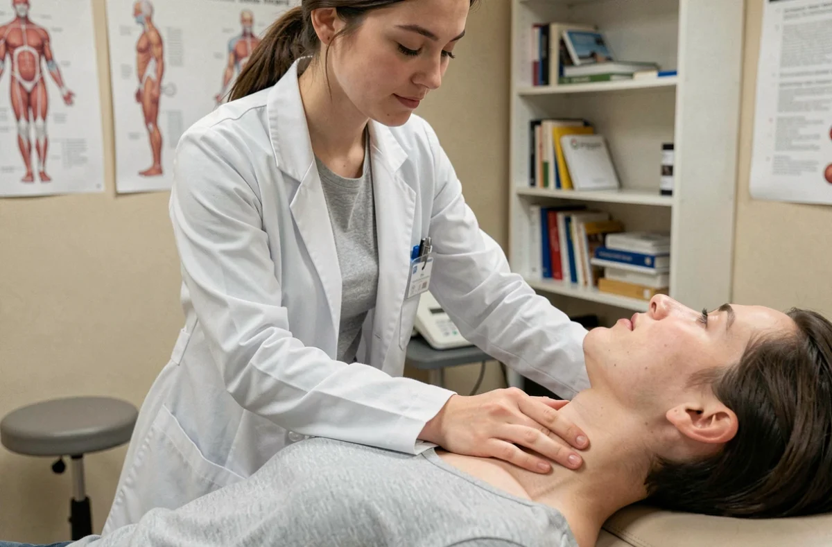 Étudiante en ostéopathie pratiquant une technique de palpation cervicale sur un camarade en salle de clinique pédagogique
